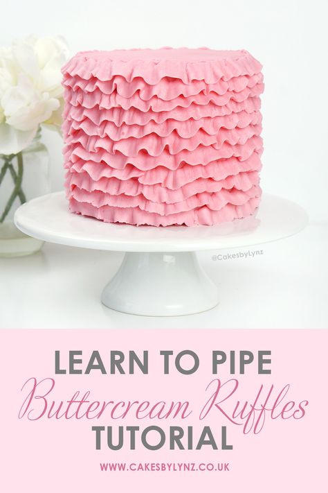 How to pipe buttercream ruffles - top 3 cake decorating techniques Ribbon Icing Technique, Ruffle Frosting Technique, Buttercream Ribbon Cake, How To Ruffle Cake Buttercream, Piped Rosette Cake, Ruffle Icing Techniques, Ruffle Buttercream Tutorial, Buttercream Ruffles Tutorial, Cinderella Birthday Cake Buttercream