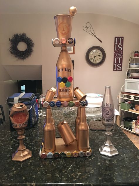 Beer Olympic Trophies, Beer Pong Trophy Diy, Beer Olympics Trophy Diy, Beer Olympics Party Decorations, Drinking Olympics Games, Beer Olympics Trophy, Yard Olympics, Beer Olympics Outfits, Beer Olympics Teams