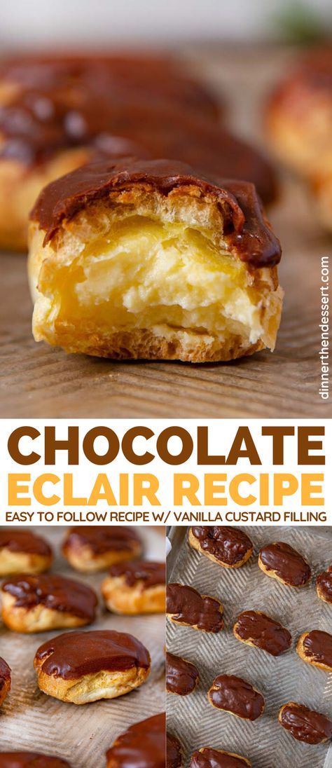 Easy Eclairs, Vanilla Custard Filling, Special Deserts, Chocolate Eclair Recipe, Chocolate Eclairs, Breakfast Chocolate, Eclair Recipe, Chocolate Custard, Chocolate Eclair