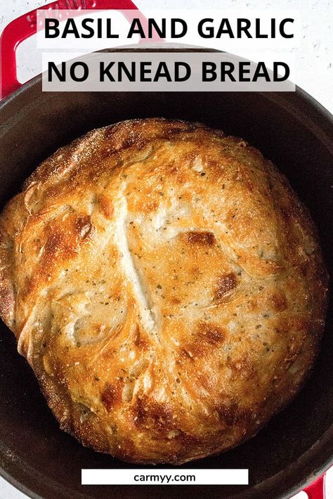 This easy Basil and Garlic No Knead Bread has a crispy exterior and soft interior! It's so simple and only takes a couple minutes to put together. No mixer needed. | DUTCH OVEN BREAD Baking Breads, Oven Bread, Dutch Oven Bread, Artisan Bread Recipes, Lemon Buttercream, Knead Bread, Best Bread Recipe, Dutch Oven Recipes, No Knead Bread