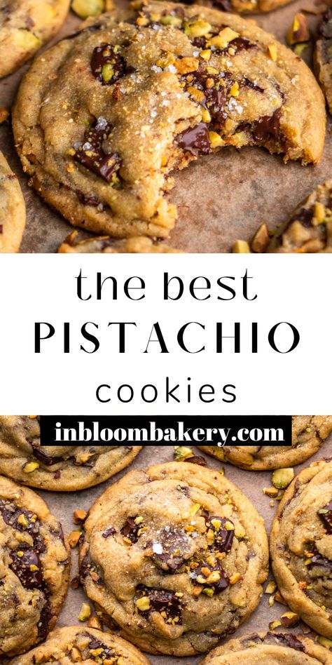 These are the best pistachio cookies! They are thick and chewy, loaded with pistachio flavor and dark chocolate chunks. If you're a fan of pistachios you will absolutely love these cookies! Pistachio Chocolate Chunk Cookies, Sea Salt Dark Chocolate Pistachio Cookies, Chocolate And Pistachio Desserts, Salted Pistachio Chocolate Chunk Cookies, Pistachio Tahini Cookies, Over The Top Cookie Recipes, Pistachio Dinner Recipes, Cookie Flavours Ideas, Pistachio Filled Cookies