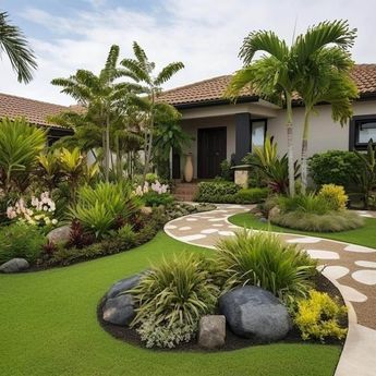 Landscape Ideas For Front Yard, Landscape Ideas For Front Of House, Front House Garden Ideas, Dream Garden Modern, Front Yard Designs, Luxury Landscape Design, Dream Garden Backyards, Front Lawn Landscaping, Tropical Landscape Design