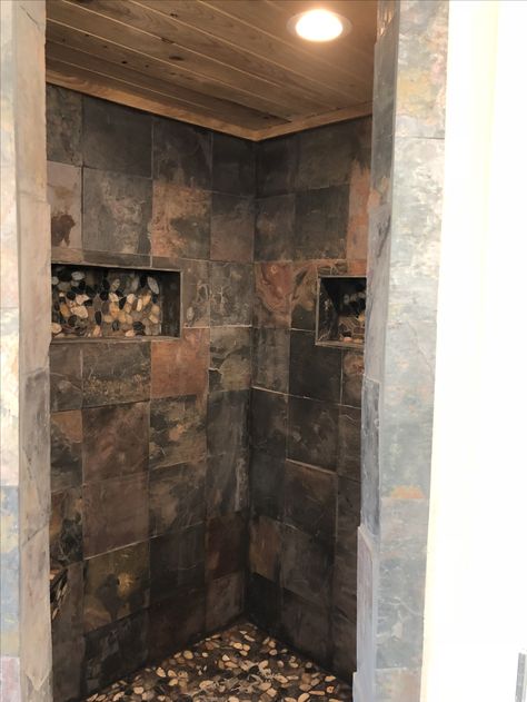 Slate shower Slate Tile Bathroom Floor, Slate Shower Ideas, Slate Bathroom Ideas, Slate Shower Tile, Slate Bathroom Tile, Black Bathroom Floor, Slate Bathroom, Slate Shower, Pebble Floor