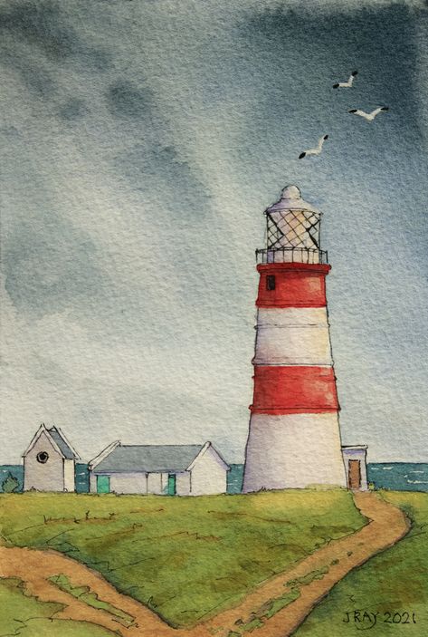 Watercolor Scenery Painting, Lighthouse Drawing, Gallery Illustration, Watercolor Scenery, Suffolk England, Watercolor Art Landscape, Watercolor Paintings Nature, Watercolor City, Lighthouse Painting