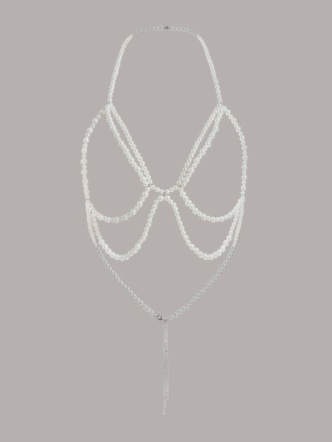 Silver Pearl Body Jewelry With Pearl Chain, Bra Jewelry Pearl, Elegant Adjustable Body Chain With Pearl, Elegant Adjustable Pearl Body Chain, Bra Harness, Pearl Harness Body Chains, Chain Harness, Pop Outfits, Character Clothing