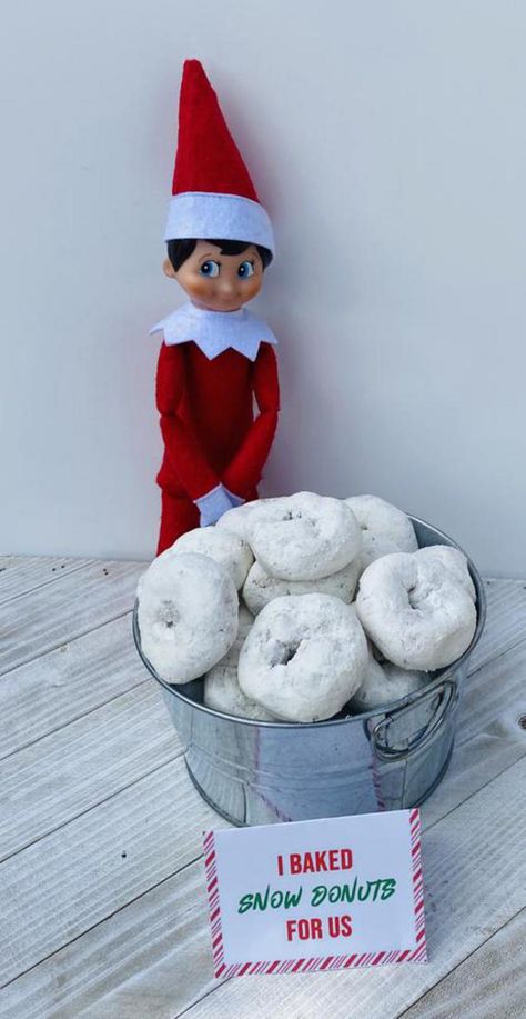 Elf On The Shelf Snow, Donuts Ideas, Easy Food Ideas, Elf Classroom, Elf Mischief, Elf On The Shelf Idea, Elf Ideas Easy, Elf Shelf, Powdered Donuts