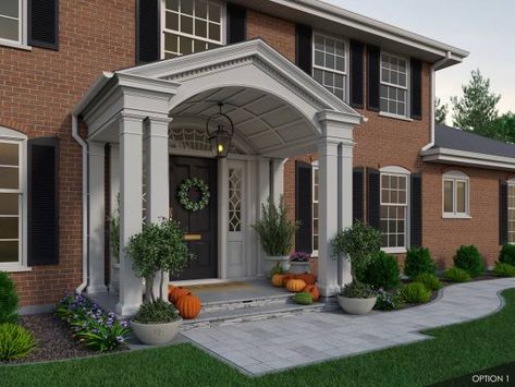 Front Porch Addition Colonial, Portico Addition, Colonial Brick House, Portico Ideas, Red Brick Colonial, Front Portico, Front Porch Addition, Portico Design, Brick Colonial