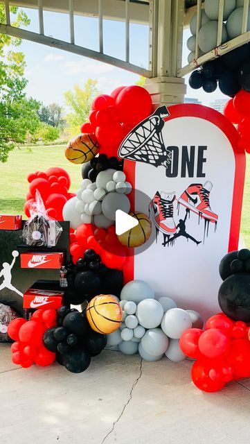 Jordan First Birthday Theme, The Chosen One First Birthday Basketball, Jordan 1 Theme Birthday Party Ideas, Jordan 1 Birthday Theme, Basketball Birthday Balloon Arch, Jordan Birthday Party Ideas, Jordan Birthday Party Ideas Decoration, Baby Boy First Birthday Ideas, Jordan Birthday