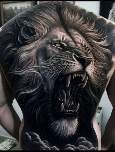 Lion Back Tattoo Men, Lion Back Tattoos Men, Roaring Lion Tattoos For Men, Lion Tattoo Back, Lion Back Tattoo, Chicano Tattoos Sleeve, Tattoo Uk, Gorilla Tattoo, Lion Tattoo Sleeves