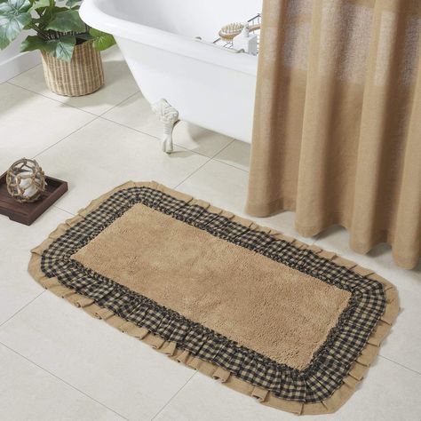 ♥ Farmhouse Finds Burlap Natural w/ Black Check Bathmat 27x48 #FarmhouseStyle #CountryLiving #Primitive Modern Primitive, Natural Showers, Vhc Brands, Cotton Bath Mats, Burlap Fabric, Natural Bath, Primitive Home, Country Design, Natural Tan