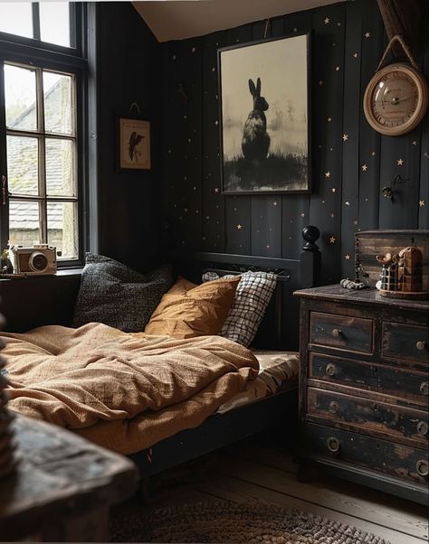 All Black Studio Apartment, Dark Medieval Bedroom, Black Lime Wash Bedroom, Modern Gothic Bedroom Ideas, Cottage Core Goth Aesthetic, Dark Fairytale Bedroom, Southern Gothic Bedroom Aesthetic, Dark Cottage Interiors, Wizard Bedroom Aesthetic