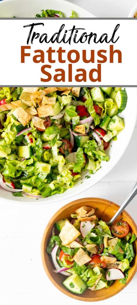 A traditional Fattoush Salad Recipe - fresh vegetables and herbs dressed with a tangy lemon vinaigrette dressing and crunchy pita chips!  #fattoush #fattoushsalad #fattoushsaladrecipe #fattoushsaladdressing #fattoushrecipe #healthysaladrecipe #middleeasternrecipes #saladrecipes #veganrecipes Fatoush Salad Recipe Easy, Fatoosh Salad Dressing, Fattoush Salad Dressing, Fattoush Salad Recipe, Lebanese Salad, Lemon Vinaigrette Dressing, Fattoush Salad, Salad Pasta, Lemon Vinaigrette