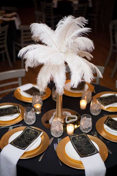 Nicole's 30th Roaring 20's Party | CatchMyParty.com Jazz Club Decorations Party Ideas, Red Carpet Table Centerpieces, Christmas Speakeasy, 20s Party Decorations, Roaring 20s Birthday Party, Roaring 20s Birthday, Gatsby Birthday Party, Gatsby Party Decorations, Masquerade Party Decorations