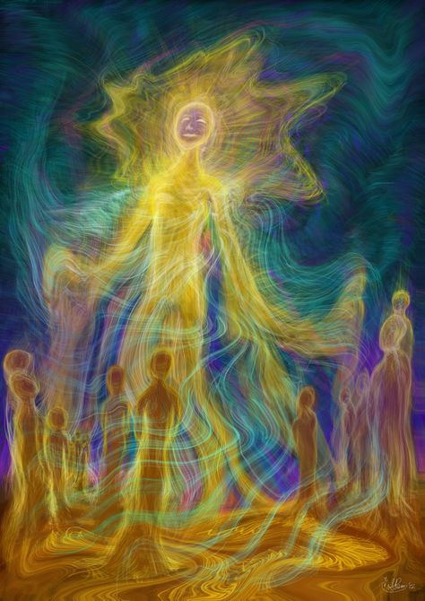 In this artwork gaze upon the many ancestors that send their love, guidance and support, feeling their care, compassion and presence by your side. Your higher self reaching into the place where the spirits of our ancestors connect with the incarnated soul in this lifetime on earth. The expanding light of source consciousness beams from you, helping you feel so much larger and freer knowing the energetic support of your ancestral helping spirits are Helping to guide decisions and give you the cou Interconnectedness Art, Higher Self Art Spiritual, Ancestors Aesthetic, Spirit Guides Art, Soul Connection Art, Higher Consciousness Art, Connection Artwork, Support Artwork, Self Connection