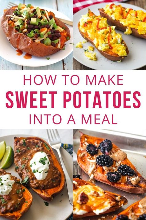 Easy and Delicious Baked Sweet Potato Toppings - Get 10 quick and healthy vegetarian ideas that work for any meal, from breakfast to dinner! Baked Sweet Potatoes In The Oven, Baked Sweet Potato Toppings, Baked Sweet Potato Oven, Coconut Milk Stew, Ginger Sweet Potato, Nice Meals, Alternative Protein, Loaded Baked Sweet Potato, Fiesta Night