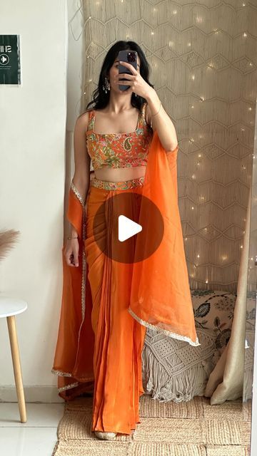 Draped Skirt Indian Outfit, Orange Colour Combinations Dress, Orange Haldi Outfit, Drape Skirt Outfit, Indian Haldi Outfit, Draped Skirt Outfit, Drape Skirt Indian, Haldi Outfit Bridesmaid, Orange Indian Outfit