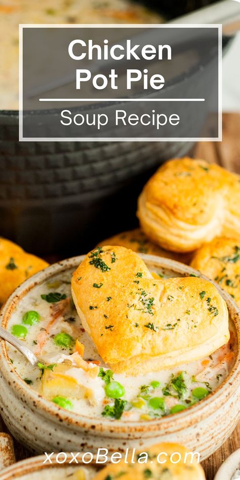 Soup With Biscuits, Creamy Chicken Pot Pie Soup, Chicken Pot Pie Soup Recipe, Creamy Chicken Pot Pie, Chicken Pot Pie Filling, Hearty Soup Recipes, Recipes Restaurant, Chicken Pot Pie Soup, Pot Pie Soup