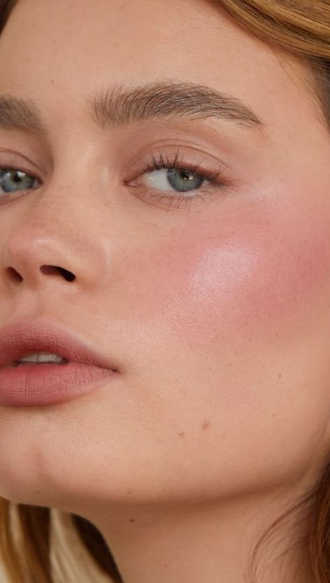 Natural Youthful Makeup, Light Blush Makeup, Full Cheeks Faces, Berry Blush Makeup, Natural Lip Look, Youthful Makeup Look, Blushy Cheeks Makeup, Soft Features Face, Rosy Cheeks Makeup