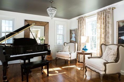 Goodbye Dining Room, Hello Music Room! - The Decorologist Piano Room Design, Grand Piano Living Room, Grand Piano Room, Painting The Ceiling, Piano Room Decor, Piano Living Rooms, Music Room Design, Dark Ceiling, Piano Room