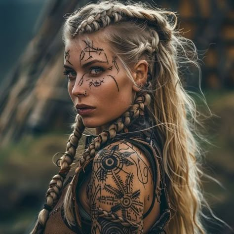 Viking Female Warrior Costumes, Women’s Viking Makeup, Viking Cosplay Female Makeup, Halloween Viking Costumes Women, Viking Woman Cosplay, Viking Warrior Woman Costumes, Long Viking Hairstyles Women, Apocalyptic Hairstyles, Warrior Hairstyles Woman