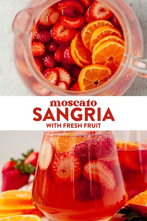 This moscato sangria is an easy and fruity cocktail for the summer. It's a simple mix with sweet moscato wine and fresh fruit. We love to serve this in the summer with fresh fruit. Margaritas, Sangria With Moscato White, Wine Punch Recipes Moscato, Moscato Sangria Recipes Easy, Pink Moscato Sangria, Olive Garden Green Apple Moscato Sangria, Sangria Recipes Easy Moscato, Fruity Sangria Recipes, Sangria With Moscato