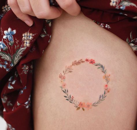 Tattoo Around Ankle, Circular Tattoo, Tiny Flower Tattoos, Flowers Tattoos, Rose Tattoo Forearm, Wreath Tattoo, Tattoo On Forearm, M Tattoos, Small Rose Tattoo