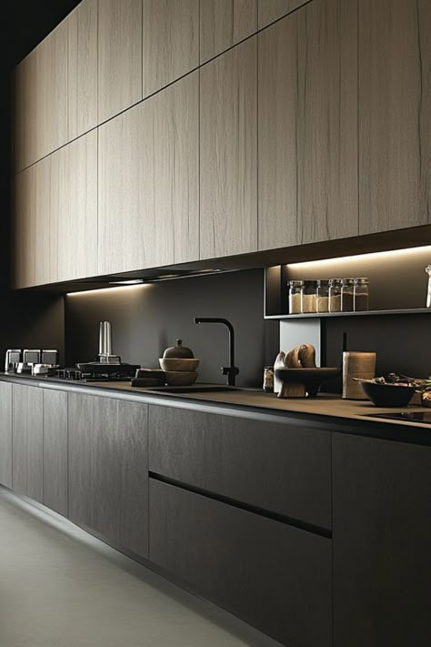 Add contrast with dual-tone kitchen cabinets for a modern, stylish look. #DualToneCabinets #KitchenDecor #ModernDesign Wooden Kitchen Units, Euro Style Cabinets, Modern Two Tone Kitchen, Dual Tone Kitchen Cabinets, Kitchen Cabinets Contemporary, Dark Lower Cabinets, Slab Kitchen Cabinets, Minimalist Kitchen Cabinets, Single Wall Kitchen