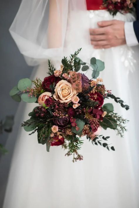 Rosewood Wedding Bouquet, Burgundy Eucalyptus Bouquet, Burgundy Peony Bridal Bouquet, Wedding Flowers Autumn Burgundy, Small Dark Wedding Bouquet, Wedding Christmas Bouquet, Wine And Blush Wedding Flowers, Dark Burgundy Flowers, Burgundy Roses Bouquet