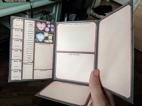 D&d foldable booklet charater sheet by TornioDuva Dnd Character Sheet Booklet, Dnd Character Design Sheet, Dnd Organizer, Ttrpg Ideas, Character Info, Dnd Character Sheet, Dnd Crafts, Dnd Campaign, Small Booklet