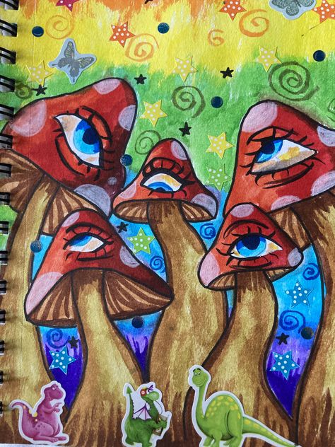 Mushroom Drawing Marker, Mushroom Eye Painting, Trippy Pumpkin Painting, Trippy Butterfly Art, Hippy Art Aesthetic, Boho Drawing Hippie Art, Painting Outside, Hippie Painting, Canvas Drawings