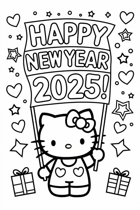 Cute Hello Kitty coloring sheets featuring party scenes, champagne glasses, and festive fireworks to color for New Year celebrations. New Year Coloring Pages 2025, Craft For New Year For Kids, Cute Christmas Coloring Pages For Kids, New Years Game For Kids, Cute Coloring Pages Hello Kitty, Christmas Hello Kitty Coloring Pages, New Year Coloring Pages Free Printable, January Coloring Pages For Kids, Colouring Pages People