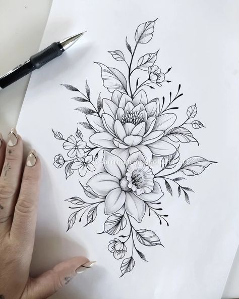 Floral bouquet of a water lily and daffodil in black and grey illustration. Narcissus Tattoo, Daffodil Flower Tattoos, Narcissus Flower Tattoos, Water Lily Tattoos, Lotus Flower Tattoo Design, Lily Flower Tattoos, Daffodil Tattoo, Bouquet Tattoo, Flower Tattoo Arm