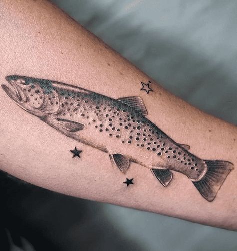 Salmon Tattoo Traditional, Speckled Trout Tattoo, Black And White Trout Tattoo, Lake Trout Tattoo, Cutthroat Trout Tattoo, Trout Aesthetic, Halibut Tattoo, Steelhead Tattoo, Trout Tattoo Women