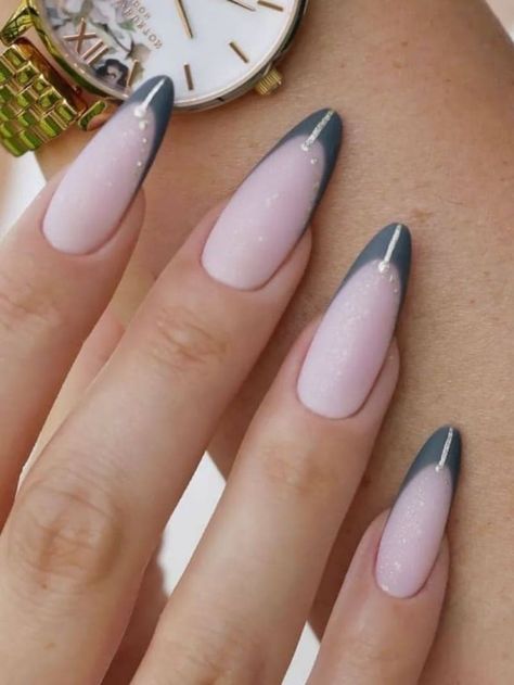 long, dark gray French tips with a golden line accent Grey And Pink French Tip Nails, Grey Nails French Tip, Dark Grey French Tip Nails, Grey Almond Acrylic Nails, Dark Gray Nails Design, Dark Gray Nail Ideas, Dark Grey Nail Designs, Gray French Nails, Dark Grey Nail Ideas