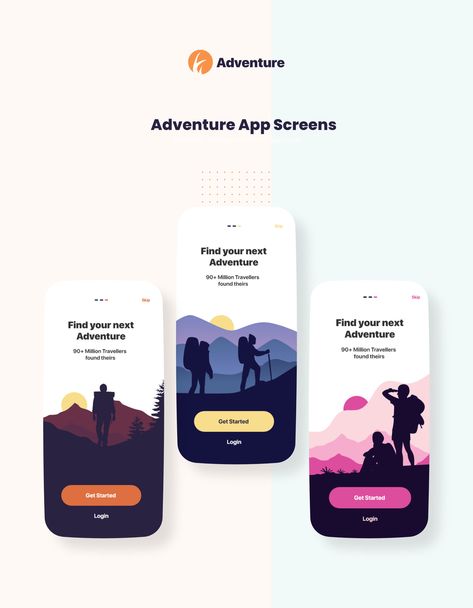 Adventure On boarding Screen & Landing Page On Boarding Ui, Travel App Design, Mobile Landing Page, Ux Design Mobile, App Design Layout, Ux App Design, Web Design Mobile, Android Design, Mobile App Design Inspiration