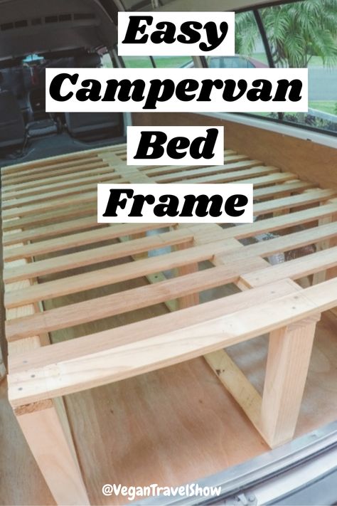 In our YouTube DIY van conversion video series we show how to build an easy and simple campervan for complete beginners. We design and install the interior of our small Toyota Hiace Commuter. Here's how to build a bed frame! Our van was custom made and designed by ourselves using only basic tools with no building experience at all! If you need ideas for your own campervan fitout check out our build series on youtube. | Vanlife Guide | Vegan Travel Show #vanbuild #diy #campervan #vanlife #offgrid Camper Van Simple, Simple Van Interior, Van Build Bed Ideas, Diy Van Bed Platform, Van Conversion Simple, Campervan Beds Ideas, Self Build Campervan Interior, Van Fitout Ideas, Campervan Bed Frame