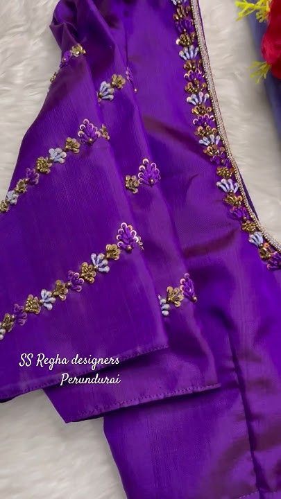 Simple Maggam Designs For Blouse, Violet Colour Aari Blouse Design, Aari Work For Sleeves, Simple Designs For Blouse, Purple Aari Work Blouse, Simple Work Designs For Blouses, Knot Work Embroidery Blouse, Unique Sleeves Design For Blouse, Hand Work Embroidery Blouse