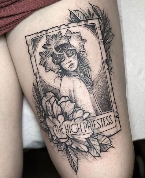 Blood Moon Tattoo, Empowering Tattoos, Tarot Card Tattoo, Tarot Tattoo, Card Tattoo Designs, The High Priestess, Mushroom Tattoos, High Priestess, Card Tattoo