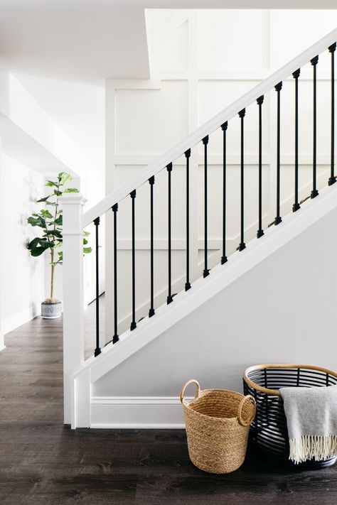 Staircase bright and beautiful for a basement build-out. Black and White Herringbone runner with white on white board paneling. Black metal balusters and white handrails Stairs Makeover Design, Stair Railing Makeover, Stairs Makeover Ideas, White Staircase, Kids Basement, Stairs Makeover, House Staircase, Staircase Remodel, Stair Railing Design