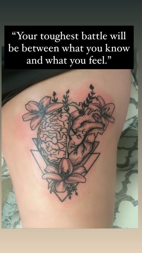 Half Flower Half Brain Tattoo, Watering Brain Tattoo, Half Heart Half Brain Tattoo, Heart And Mind Tattoo, Half Heart Half Flower Tattoo, Half Heart Half Brain Tattoo With Flowers, Brain Flower Tattoo, Brain Tattoo Psychology, Heart Problem Tattoos