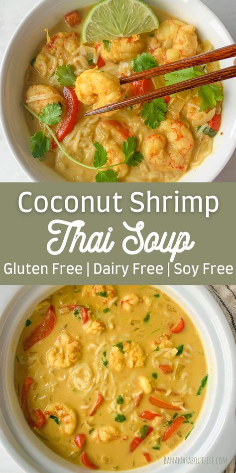 Coconut shrimp thai soup Thai Shrimp Recipes Coconut Milk, Coconut Milk Noodles, Gluten Free Dairy Free Recipes Breakfast, Soup Gluten Free Dairy Free, Gluten Free Dairy Free Recipes Dessert, Shrimp Thai, Thai Shrimp Soup, Gluten Free Dairy Free Recipes Dinner, Dairy Free Soup Recipe