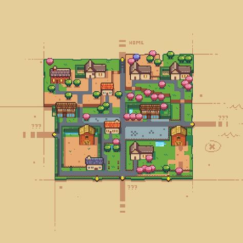 Pixel Game Mockup, Game Maps Design, Rpg Town Map, Video Game Map Design, Pixel Art Village, Pixel Art Town, Pixel Village, Game Map Design, Pixel Art Environment