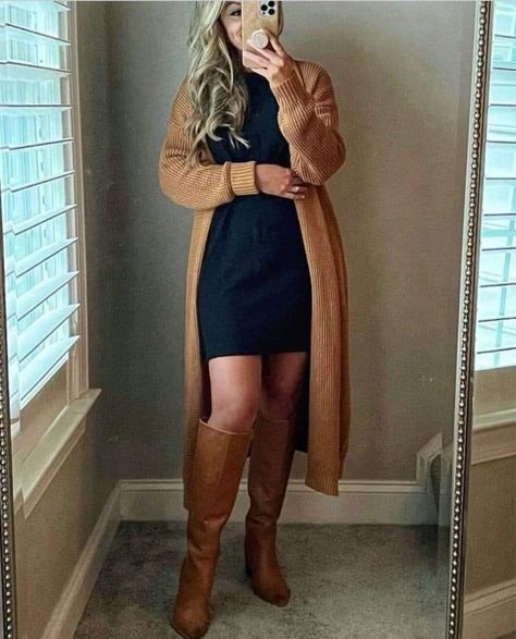 Dress With Long Boots Fall Outfits, Long Brown Dress Outfit Winter, Brown Boots And Dress Outfit, Fall Thigh High Boots Outfit, Long Dress And Boots Outfit Winter, Outfits With Cognac Boots, Dress With Knee High Boots Fall Outfits, Brown Knee High Boots Outfit Fall, Tall Boots With Skirt