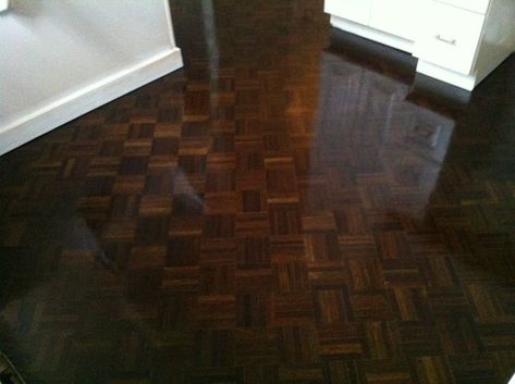 dark parquet floor stain High Gloss Wood Floors, Upstairs Ideas, Small Basement Remodeling, Small Basement Remodel, Remodeling Trends, Oak Parquet, Old Basement, Oak Parquet Flooring, House Flip