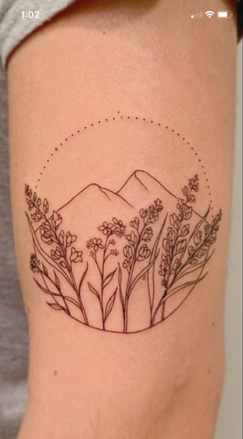 Small Matching Mountain Tattoos, Mountains Flowers Tattoo, Mountain Tattoo Flower, Mountain And Birth Flower Tattoo, Women’s Mountain Tattoos, Pnw Wildflower Tattoo, My Rainier Tattoo, Pnw Inspired Tattoo, Flowers And Mountains Tattoo