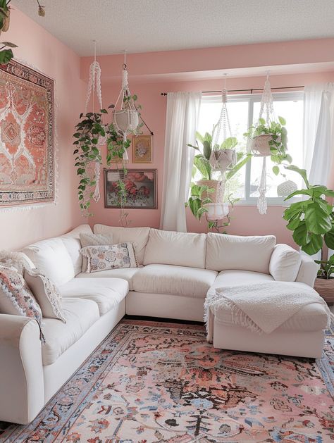 37 Boho Living Room Ideas (Inspirational Photo List) Boho Cottage Decor Living Room, Cozy Living Rooms Pink, Apartment Decorating On A Budget Boho, Pink Boho Living Room, Pink Boho Decor, Bohemian Rooms, Tan Living Room, Boho Living Room Ideas, Earthy Living Room