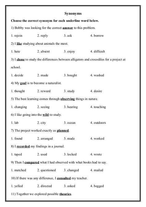 Synonyms Choose the correct synonym for each underline word below. 1) Bobby was looking for the correct answer to this pro... Synonyms And Antonyms List, Synonyms Worksheets, Antonyms Activities, Synonym Activities, Antonyms Worksheet, Context Clues Worksheets, Report Cards, Synonyms And Antonyms, Grammar Practice