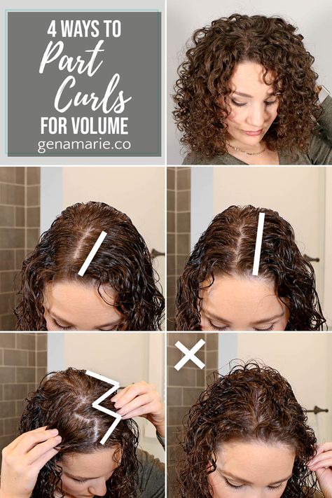 How to Part Curly Hair for Volume & Scalp Coverage 4 Ways | Parts for Low-Density Hair - Gena Marie Layered Curly Hair Medium, Edgy Curly Hair, Part Curly Hair, Curly Hair Techniques, Wavy Hair Tips, Curly Cut, Hair Tricks, Hair Mistakes, Hair Techniques