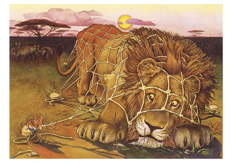 Charles Santore, The Lion And The Mouse, Lion Story, Embrace Art, Lion And The Mouse, Aesop's Fables, Mouse Illustration, Illustration Story, Aesops Fables