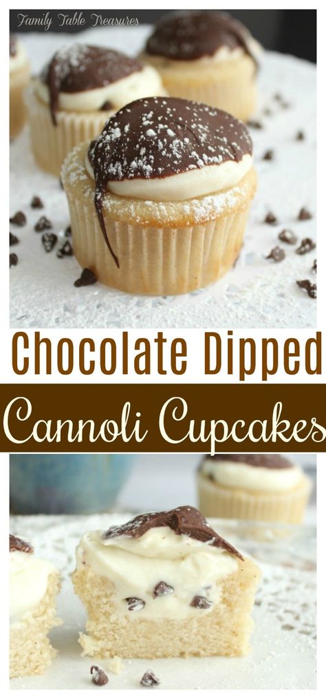 Chocolate Dipped Cannoli Cupcakes - Family Table Treasures Cannoli Cupcakes, Cannoli Cupcake, Dessert Halloween, Low Carb Snack, Italian Dessert, Gateaux Cake, Family Table, Italian Desserts, Easy Cookie Recipes